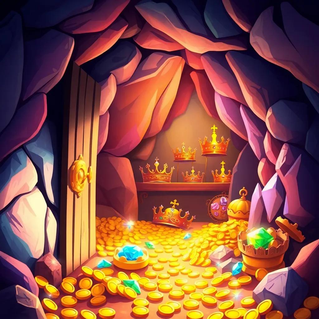 The door of the cave creaking open, revealing treasures of gold coins, sparkling jewels, and beautiful crowns beyond. The room is bright and filled with colorful light, treasure glistening vividly, creating a sense of wonder and joy, illustration, fantasy-themed, vibrant colors.