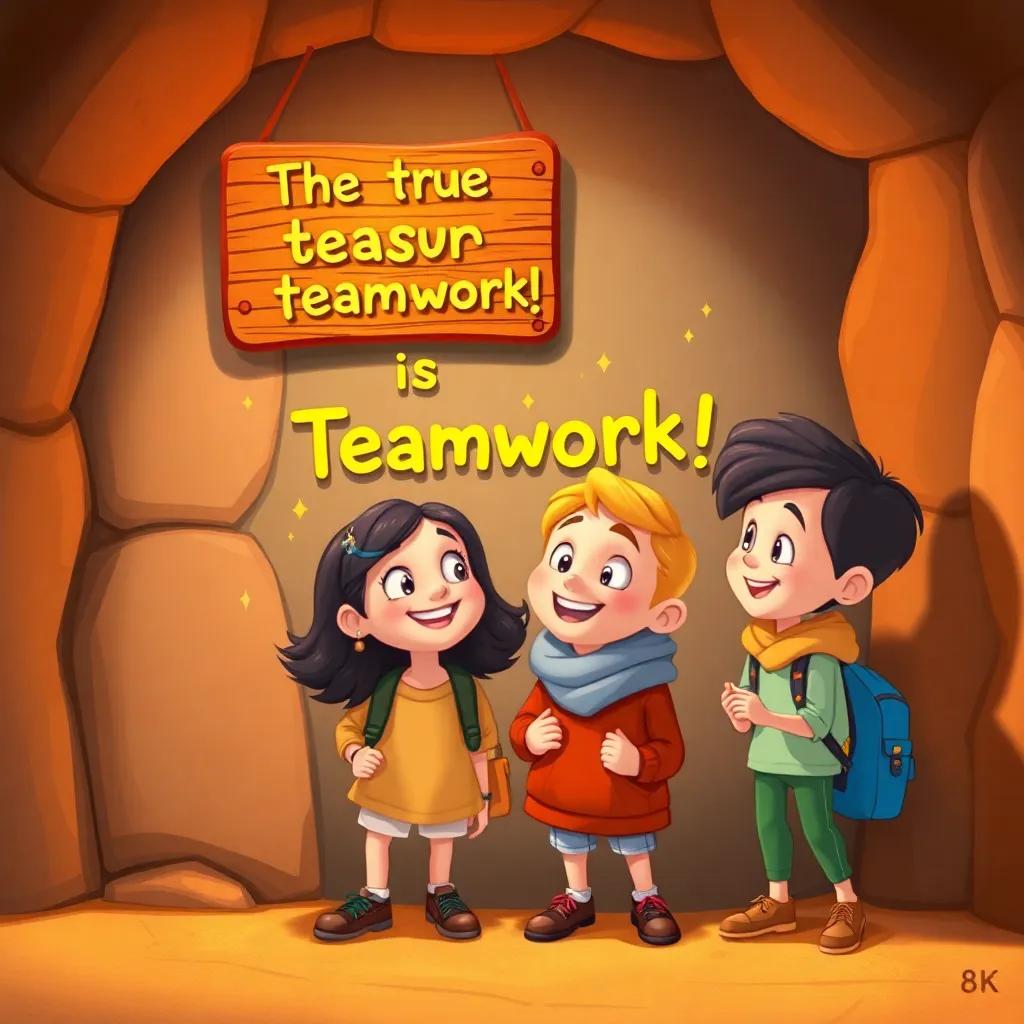 The friends noticing a sign on the wall that reads, "The true treasure is teamwork!" They are smiling at each other, feeling proud of their adventure. The scene is warm and inviting, filled with a sense of joy and friendship, whimsical illustration, bright colors and encouraging vibe.