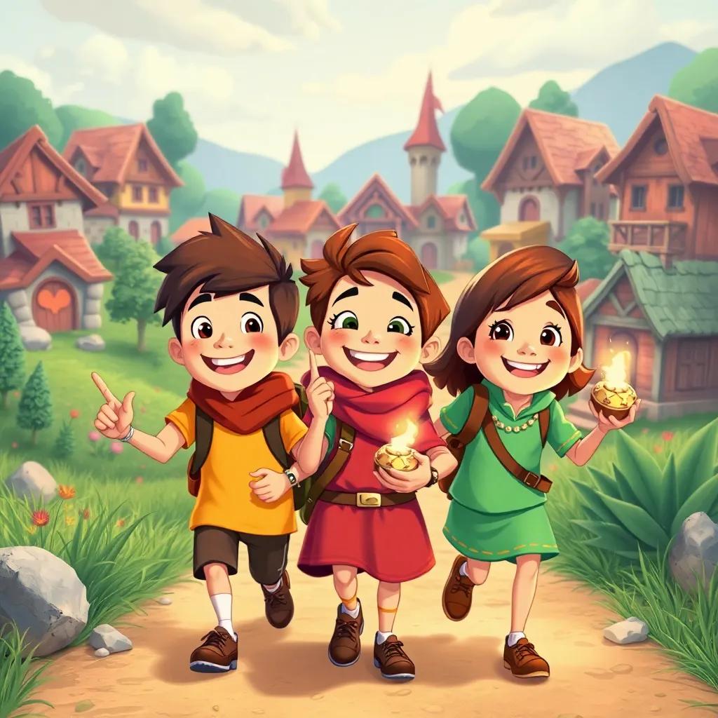 The three friends returning home with happy smiles, holding some treasures, their village in the background with friendly faces, celebrating their adventure together. The atmosphere is heartwarming and jubilant, bright colors, positive and happy scene, detailed illustration.