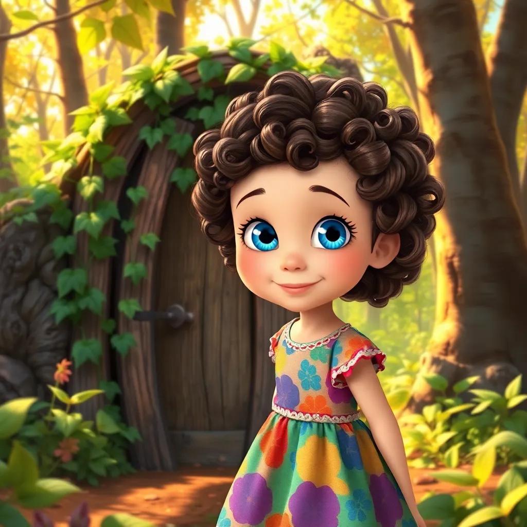 A young girl, Lily, with bright blue eyes and curly brown hair wearing a colorful dress, discovering a hidden wooden door covered in vines in a sunny forest, digital art, warm colors, magical atmosphere, inviting scene, high quality