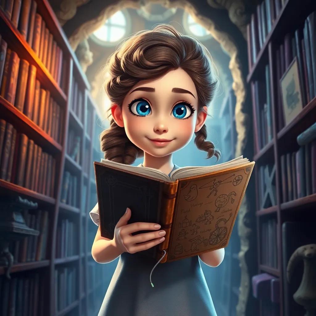 Inside the hidden library, Lily, a young girl with bright blue eyes and curly brown hair, holding an ancient leather-bound book, with drawings of strange creatures and adventures around her, bright light illuminating the scene, illustration, whimsical, vibrant colors, high quality