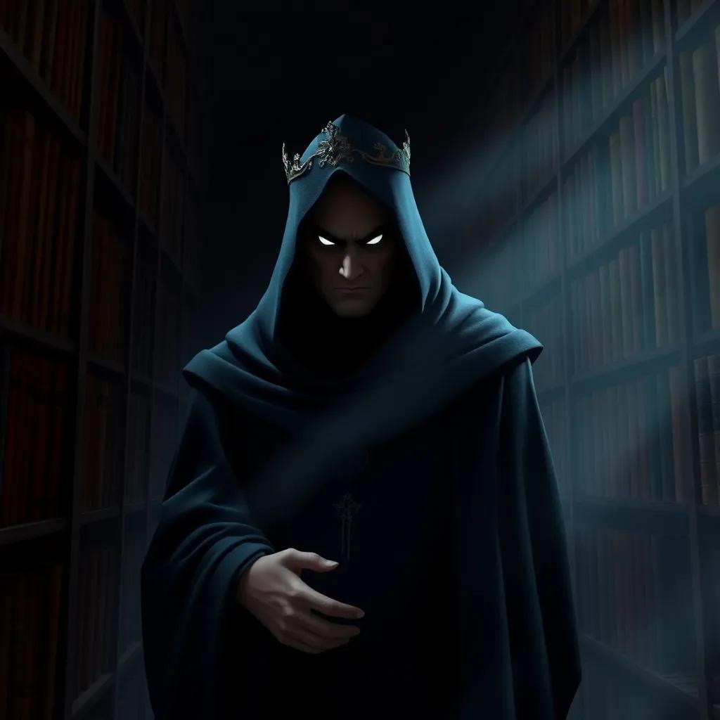 A shadowy man in dark robes with a gleaming crown, standing menacingly in the hidden library, searching through the shelves, his greedy eyes glinting, digital art, intense atmosphere, contrasting shadows and lights, high quality