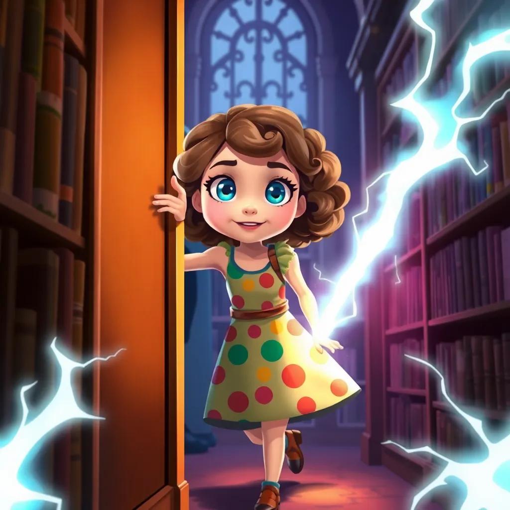 Lily, a brave girl with bright blue eyes and curly brown hair in a colorful dress, stepping out from behind a shelf in the library, bright light surrounding her as she confronts the shadowy man, magical energy crackling in the air, illustration, dynamic scene, captivating quality