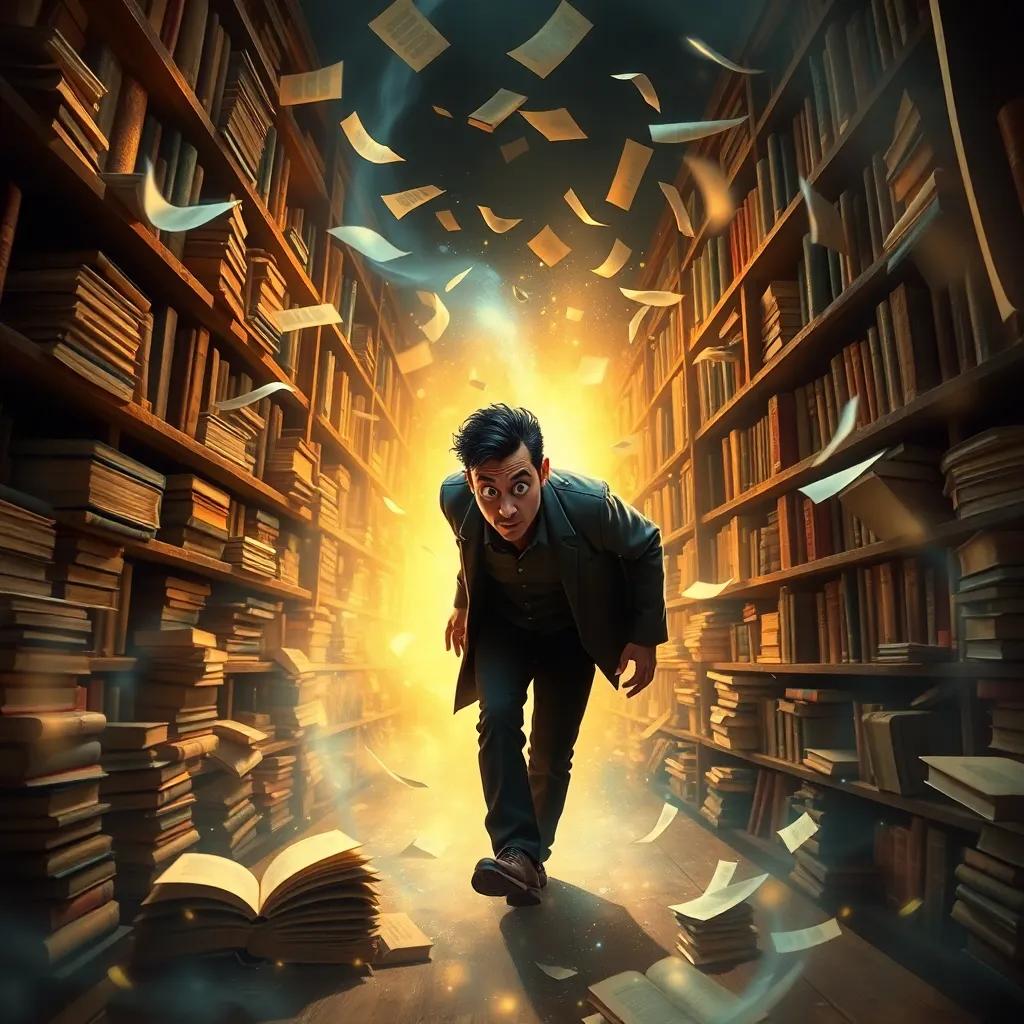 A swirling magical whirlwind of books and light in the hidden library, with a shadowy man stumbling back, his eyes wide with shock, surrounded by fluttering pages and glowing energy, artistic portrayal, dramatic lighting, high quality
