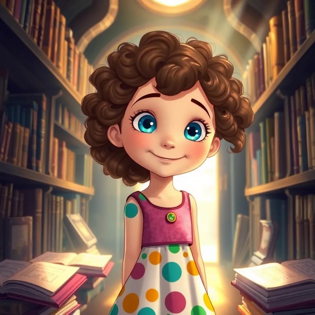 Lily, a young girl with bright blue eyes and curly brown hair in a colorful dress, looking relieved and happy inside the hidden library, with ancient books around her and a magical aura, warm sunlight streaming in, illustration, heartwarming scene, high quality