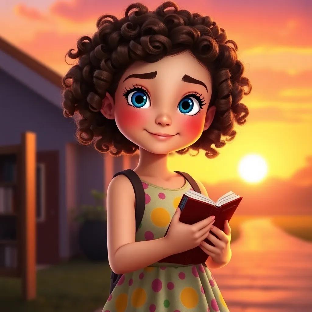 Lily, a young girl with bright blue eyes and curly brown hair wearing a colorful dress, returning home from the library with a book in her hands, a sunset backdrop creating a peaceful and serene atmosphere, digital art, soft colors, inviting view, high quality