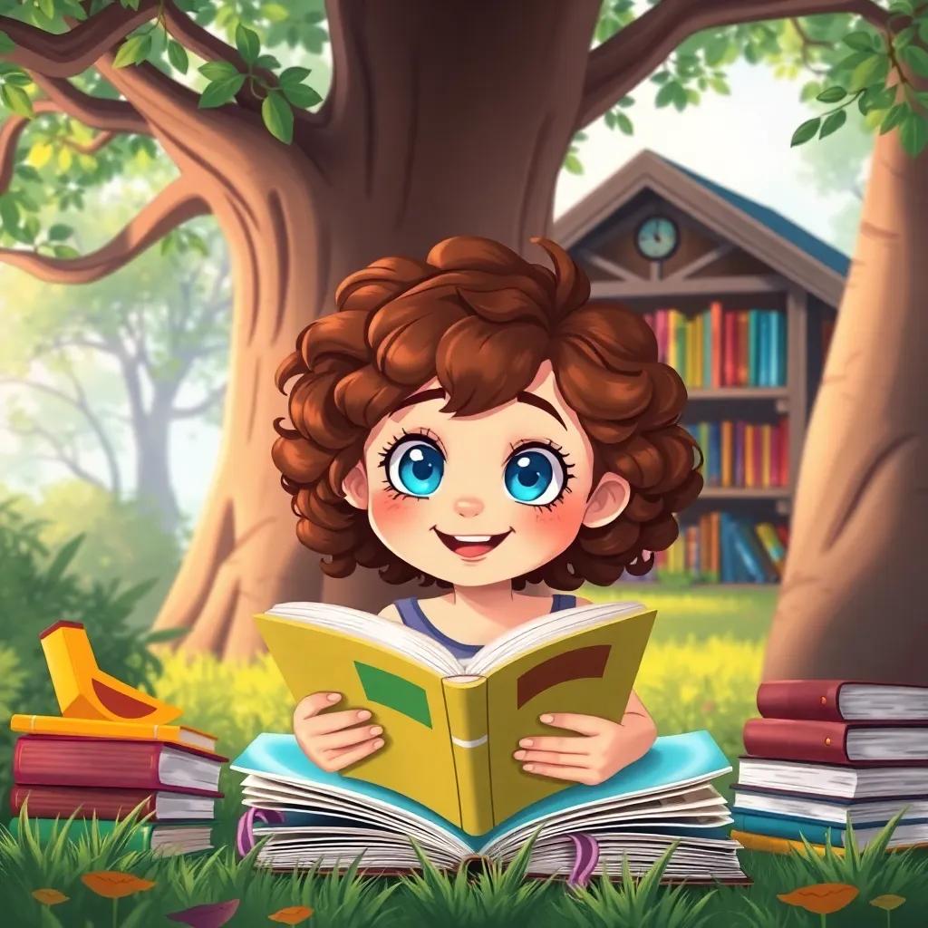 Lily, a young girl with bright blue eyes and curly brown hair, joyfully reading to her friends under a tree, surrounded by colorful books with the hidden library in the background, illustration, cheerful, community scene, high quality
