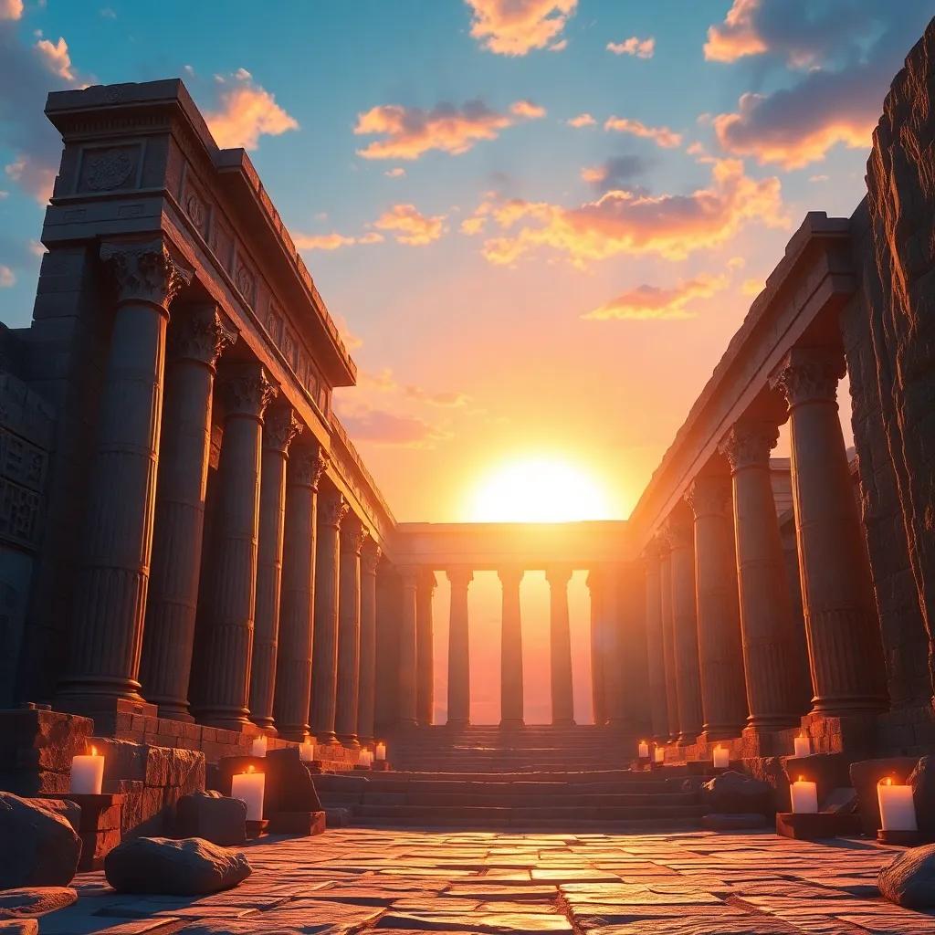 The sun setting behind the lost library of Alexandria, with magical light and vibrant colors, representing secrets being kept safe, digital art, enchanting, mystical atmosphere, high quality