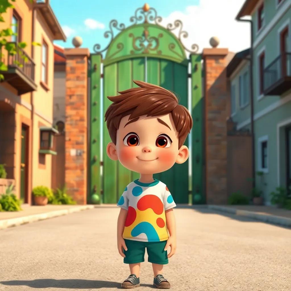 A young boy, Milo, with short brown hair wearing a colorful t-shirt and shorts, standing in front of a tall, old green gate at the end of a sunny street, curious expression, bright atmosphere, illustration, cheerful, child-friendly