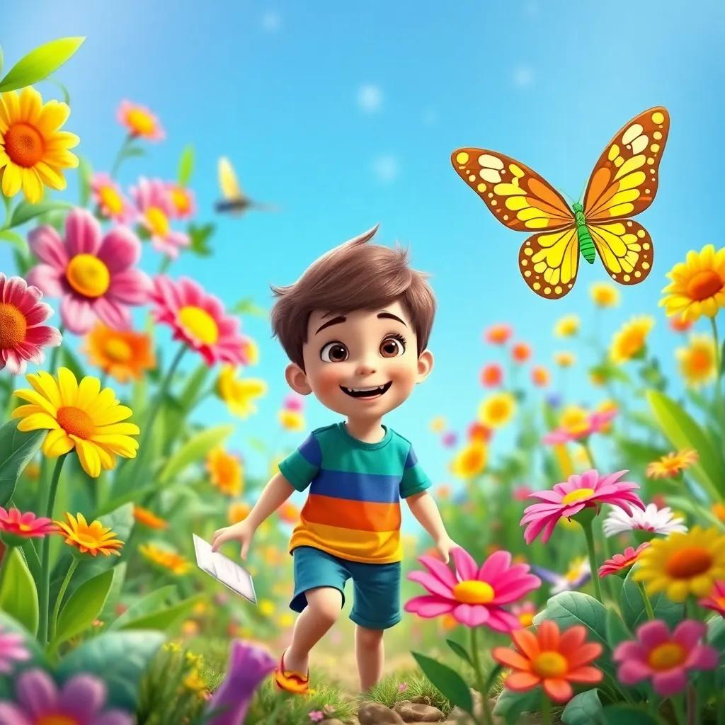 Milo, a young boy with short brown hair wearing a colorful t-shirt and shorts, playing happily in a vibrant Magic Garden filled with talking flowers and a friendly butterfly, flowers smiling, bright colors, joyful scene, digital art, colorful and lively