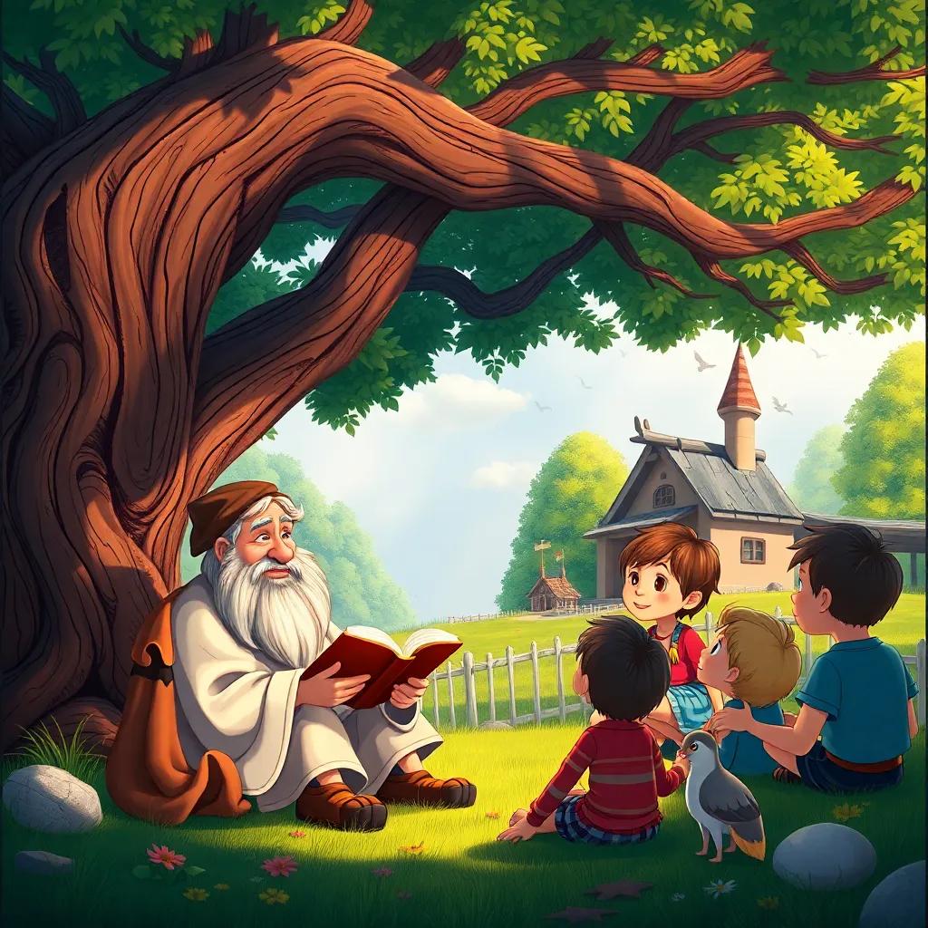 A wise old man with gray hair and a long beard, sitting under a large tree, telling stories to curious children in a small kingdom, warm and inviting environment, digital art, detailed, bright colors, friendly atmosphere