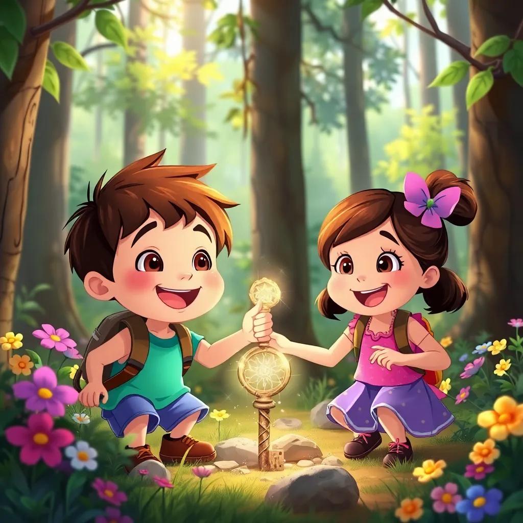 Two children, Kai and Lila, with joyful expressions, finding a sparkling key in the forest, surrounded by trees and colorful flowers, adventure-themed illustration, cheerful, vibrant colors, magical feel