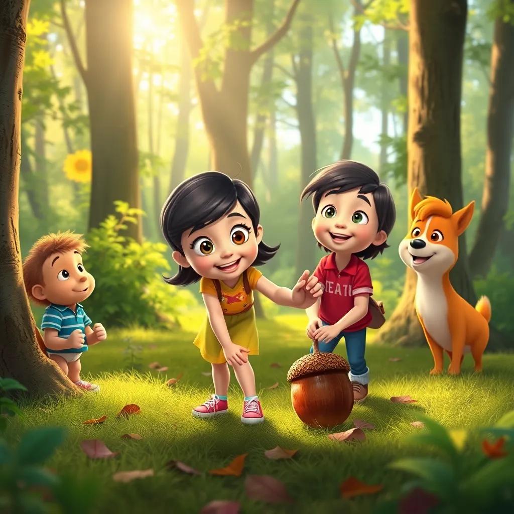 Lila picking up an acorn with excitement, while Kai and Sammy look on, vibrant forest with sunlight filtering through trees, bright colors, engaging illustration, joyful atmosphere