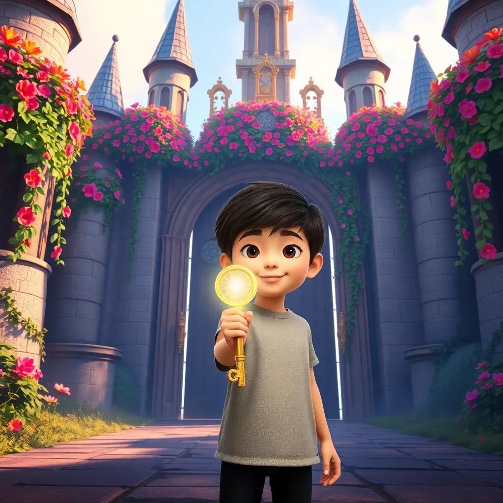 Kai holding a shiny key while standing in front of a grand castle gate, decorated with colorful flowers and vines, enchanted-looking scene, captivating digital art, mystical effect