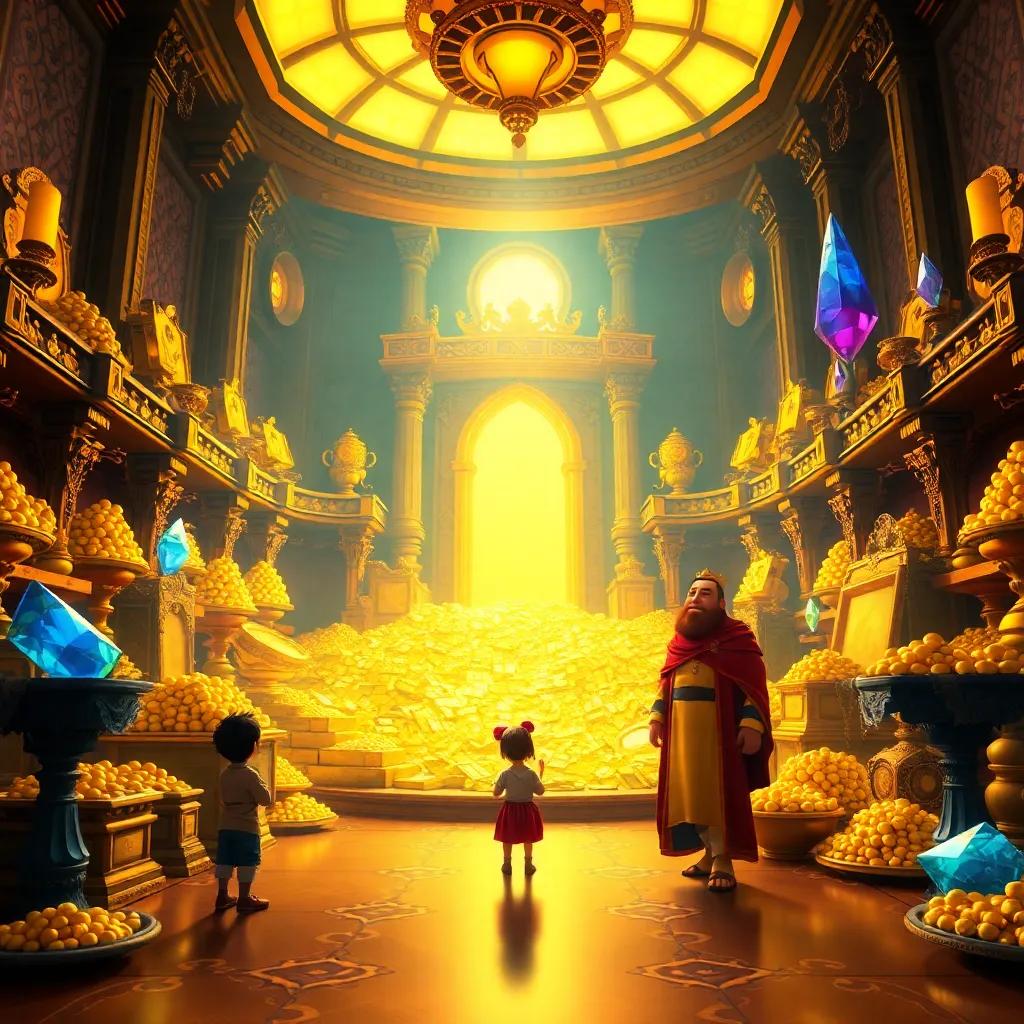 A grand room inside the castle filled with gold and jewels, with Kai, Lila and King Leo standing amazed, warm light illuminating the treasures, friendly atmosphere, magical ambiance, colorful details