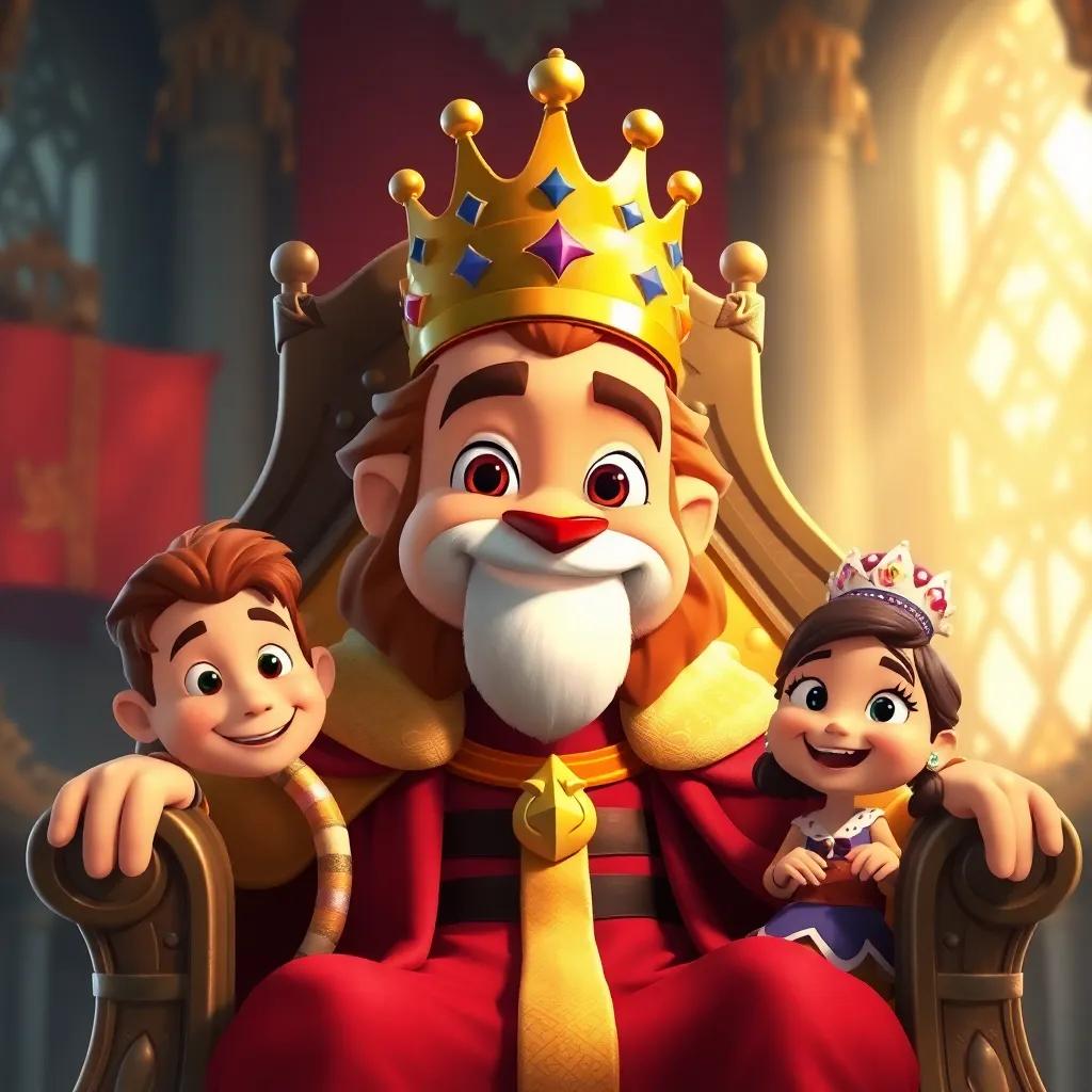 King Leo, with a kind face and a crown, sitting on a grand throne, looking happy and cheerful with Kai and Lila beside him, richly decorated castle, lively and warm scene, digital painting, inviting