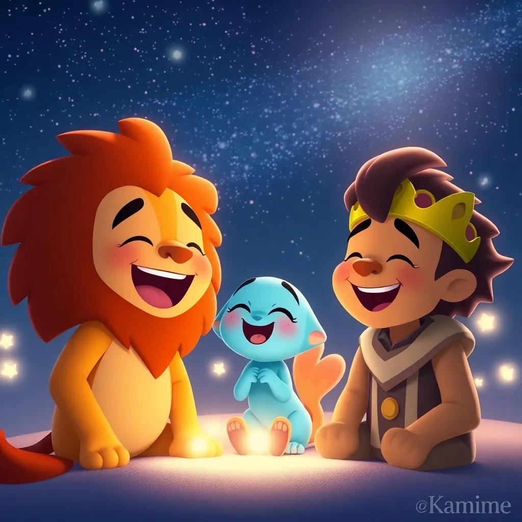 Kai, Lila, and King Leo laughing together under a starry sky, surrounded by twinkling lights and a serene atmosphere, digital art, charming, inviting colors, heartwarming
