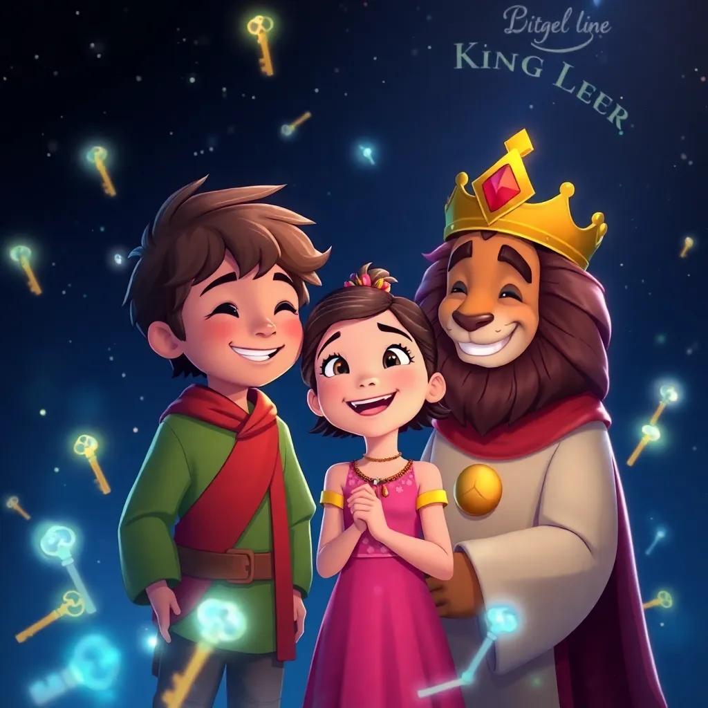 A beautiful friendship scene where Kai, Lila, and King Leo are smiling at each other, surrounded by shimmering magical keys in the night, colorful and whimsical illustration, joyful feeling, dreamlike quality