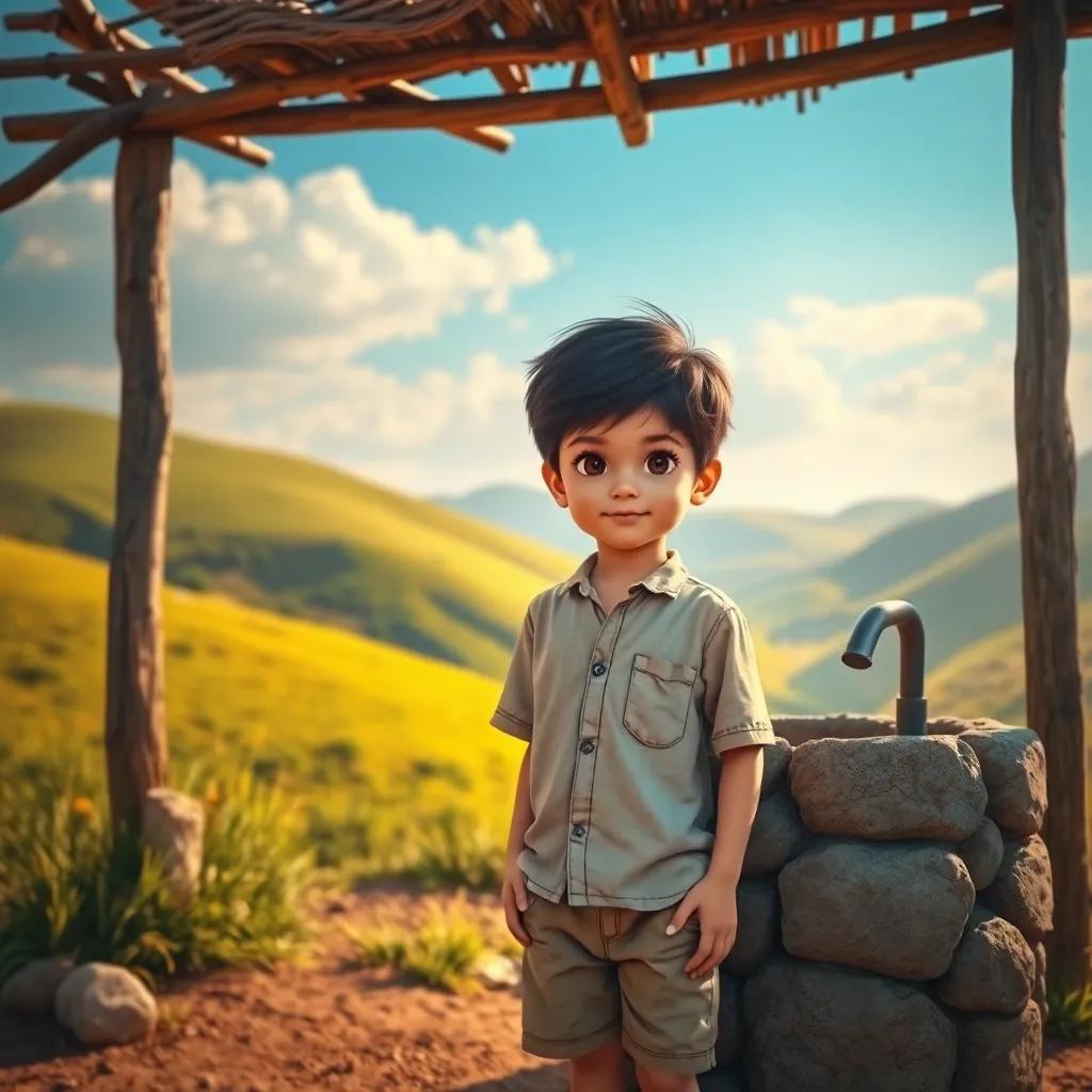 A curious boy, Ahmed, a young boy with dark hair, wearing a simple shirt and shorts, standing next to an old well surrounded by green hills and blue sky, bright and colorful, cheerful atmosphere, digital art, warm sunlight, inviting scene, detailed