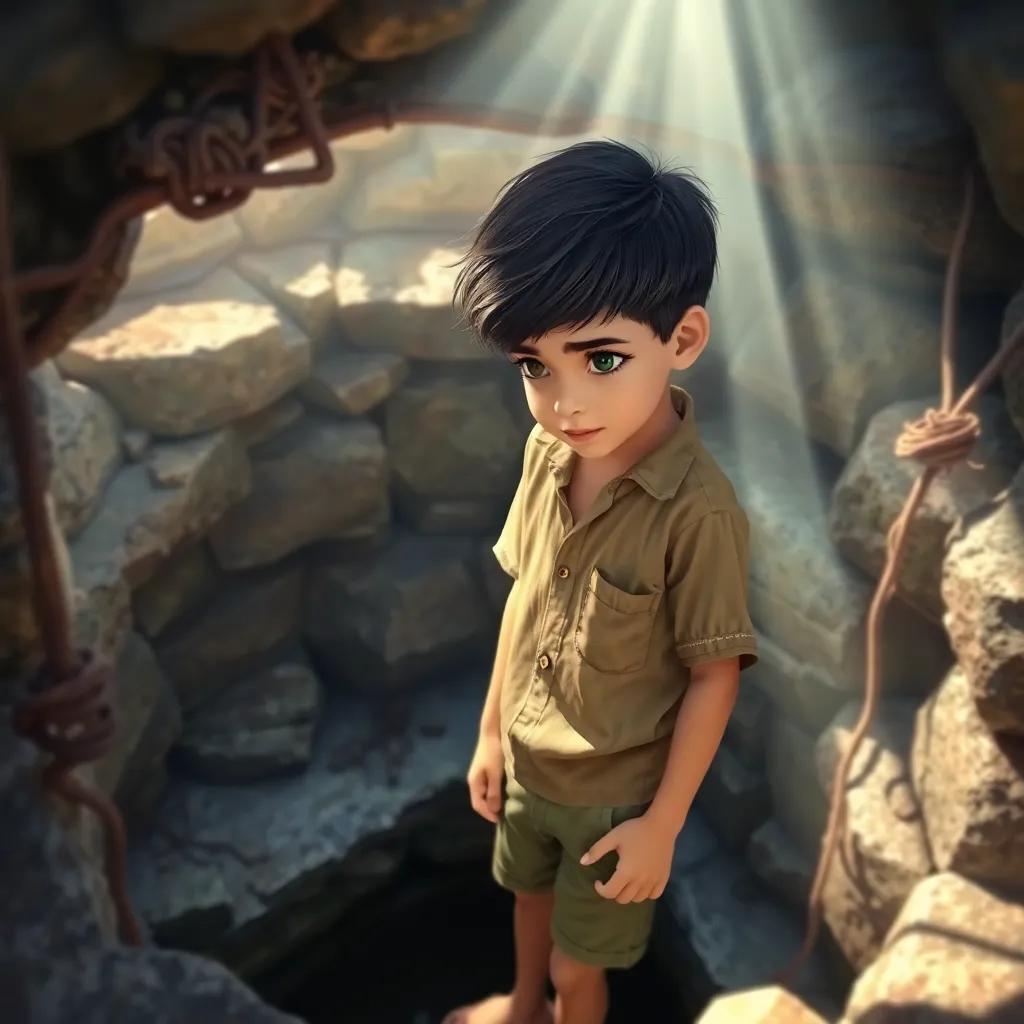 Ahmed, a young boy with dark hair, wearing a simple shirt and shorts, looking down into the old well, rays of sunlight shining on him, the well's old stones and dried vines around, magical, enchanting scene, exploration theme, digital painting, child-friendly, high quality