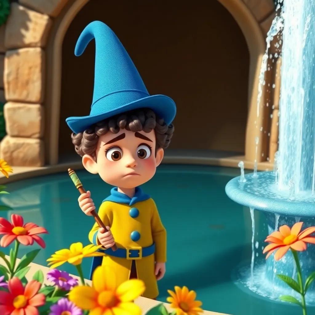 Max the magician, a young boy with curly hair, wearing a tall blue hat and holding a wand, looking worried beside a dull fountain, bright and vibrant flowers around, playful expression, digital art, whimsical style, child-friendly, colorful