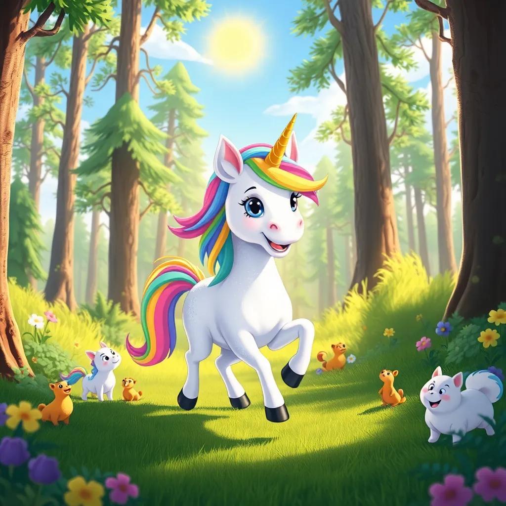 Nia the unicorn, with a sparkling white coat and rainbow mane, trotting happily through the Whispering Woods, surrounded by tall trees and playful critters, sunny sky above, joyful expression, illustration, bright colors, magical feeling, high quality