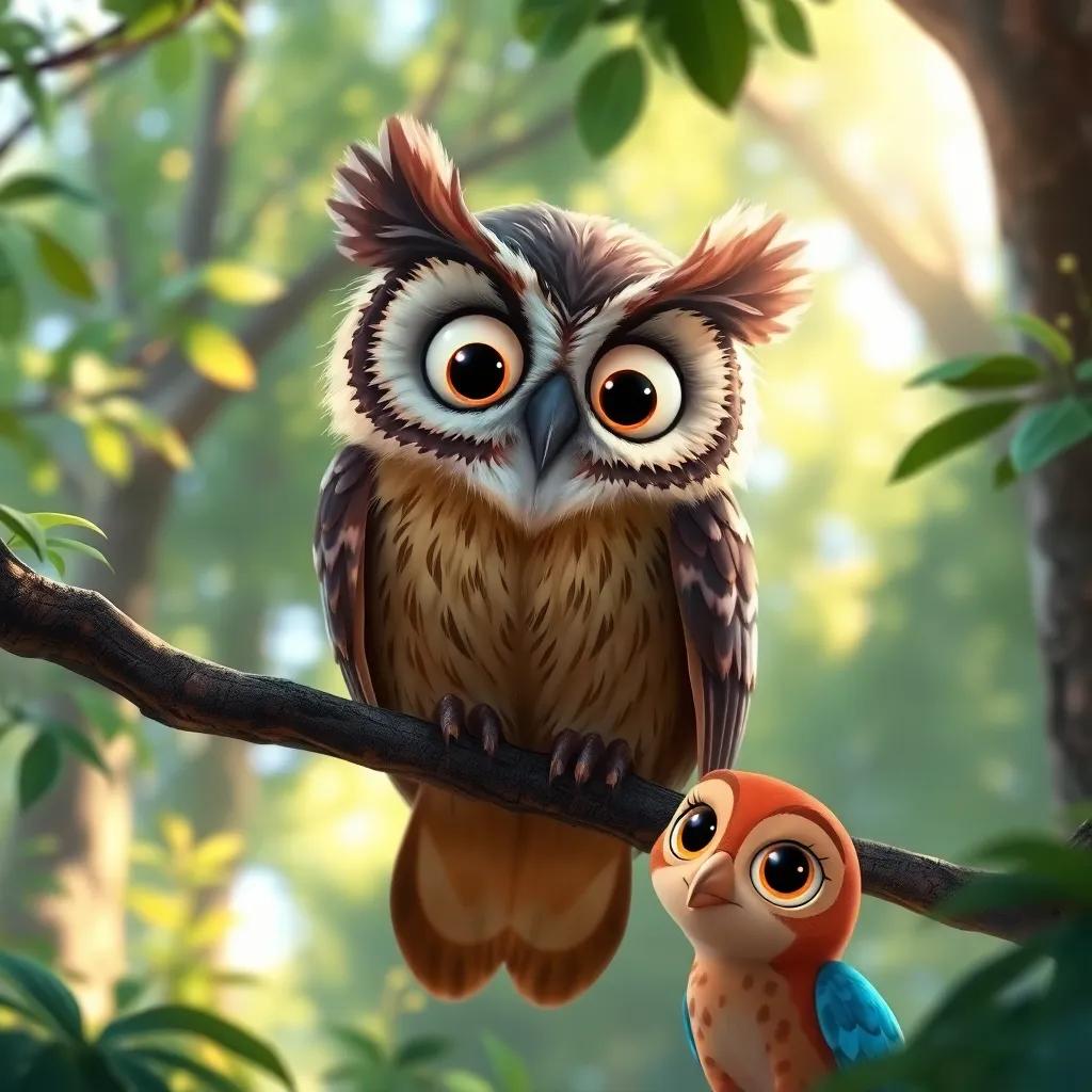 A wise owl, with big eyes and detailed feathers, perched on a branch, looking down at Max and Nia, in a lively forest scene, sunlight filtering through leaves, friendly atmosphere, digital painting, enchanting, bright colors, warm light