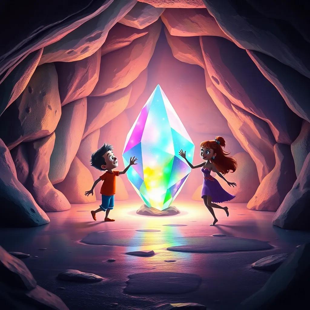 A shimmering crystal in a hidden cave, glowing softly with all colors of the rainbow, Max and Nia dancing around it with excitement, playful atmosphere, colorful reflections on walls, digital art, vibrant and captivating, fantasy style