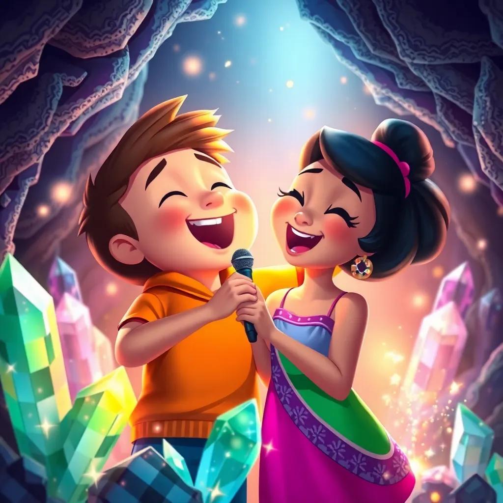 Max and Nia singing together, surrounded by sparkling lights from the crystal, colors swirling around them, joyful expressions, cave setting with glittering crystals, cheerful, colorful, dynamic composition, high quality