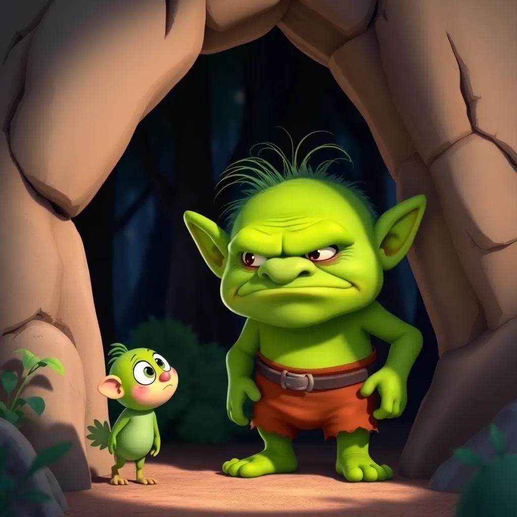 A grumpy troll, with green skin and a frown, standing at the entrance of the cave, watching Max and Nia, trees in the background, whimsical and friendly design, illustration, engaging scene, bright colors, child-friendly