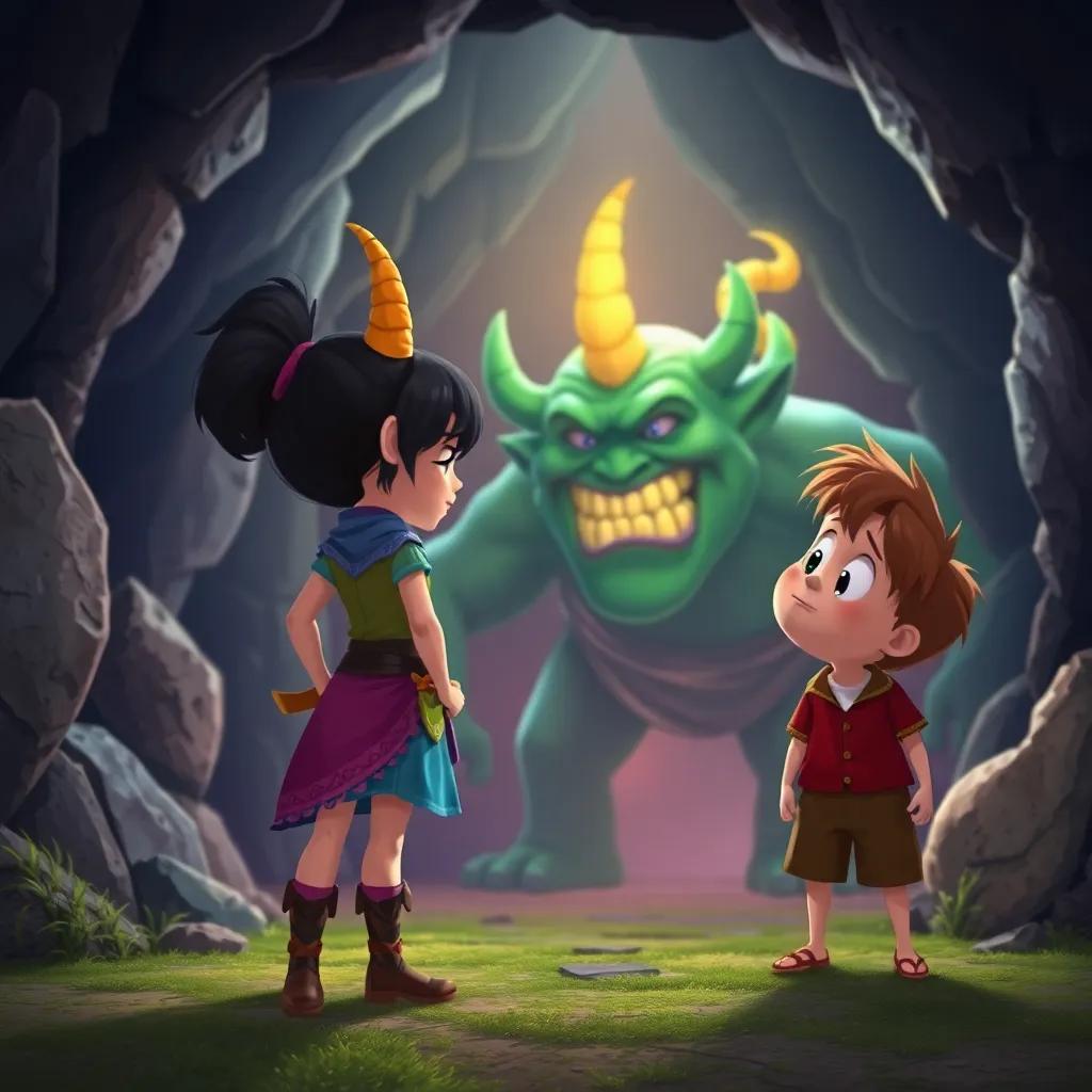 Nia standing bravely, glowing horn, facing the troll, Max beside her looking a bit scared, the entrance of the cave, emotional moment with the troll, colorful fairy tale setting, digital art, animated, expressive characters