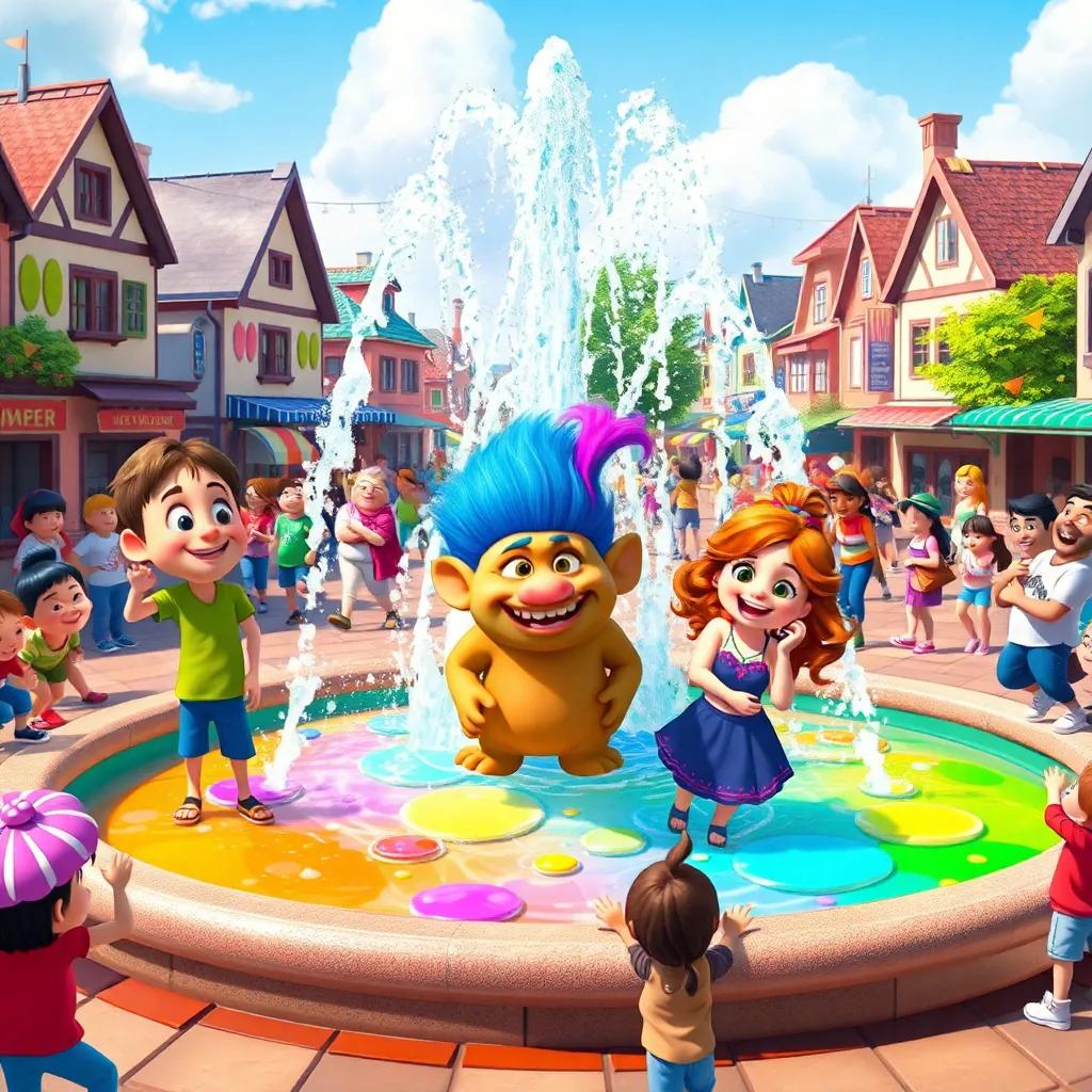 Max, Nia, and the troll at the fountain, colorful water flowing, joyful townspeople playing around, surrounded by a rainbow, celebration atmosphere, bright and cheerful colors, happy expressions, high quality