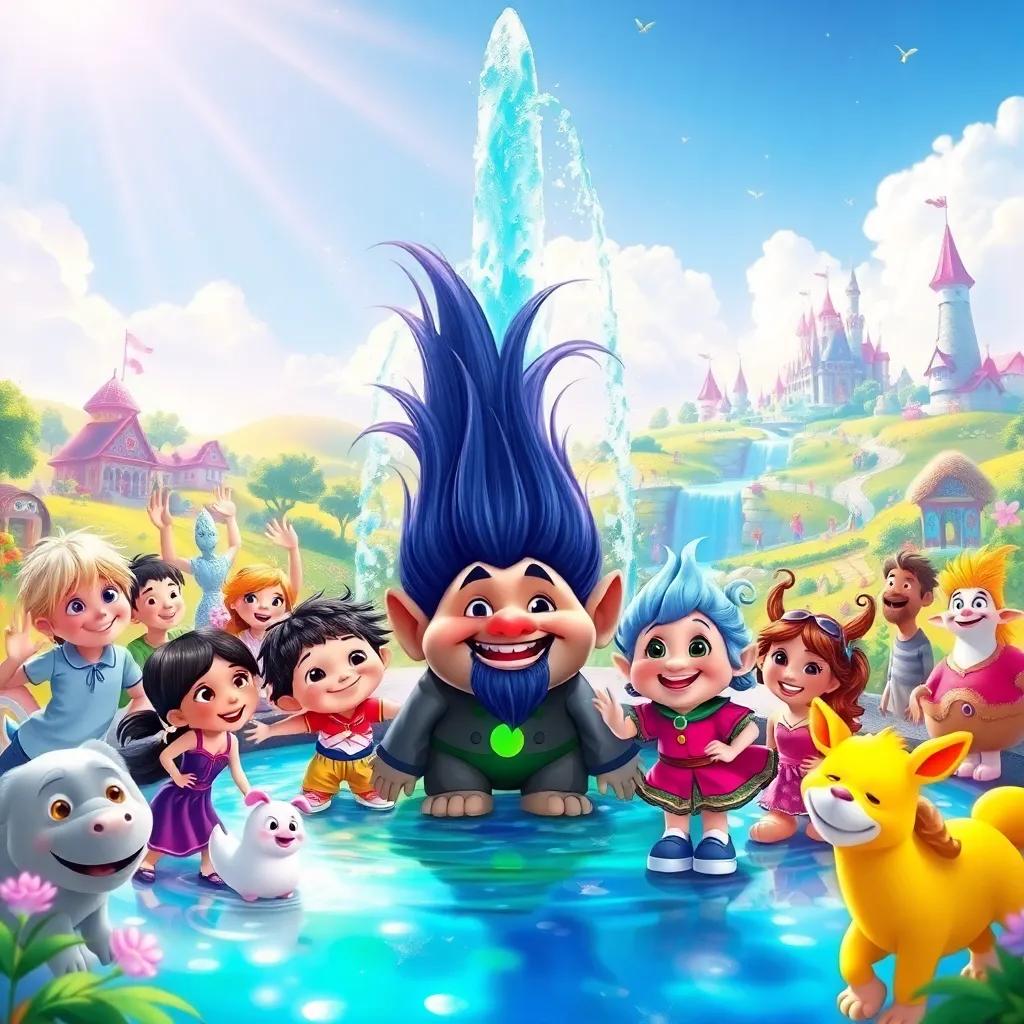 A vibrant fountain surrounded by happy children and animals, colors sparkling in the sunlight, Max and Nia smiling with the happy troll, magical land in the background, joyful scene, illustration, colorful and enchanting, fantasy style
