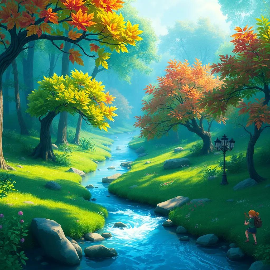 A vibrant green forest with a magical singing river flowing through it, children playing beside the river, trees with colorful leaves, cheerful atmosphere, digital art, high quality