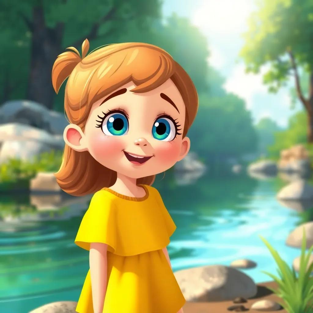 A curious girl named Lily with bright blue eyes, wearing a yellow dress, standing on the riverbank, excited expression, sunlight shining, illustration, whimsical, joyful