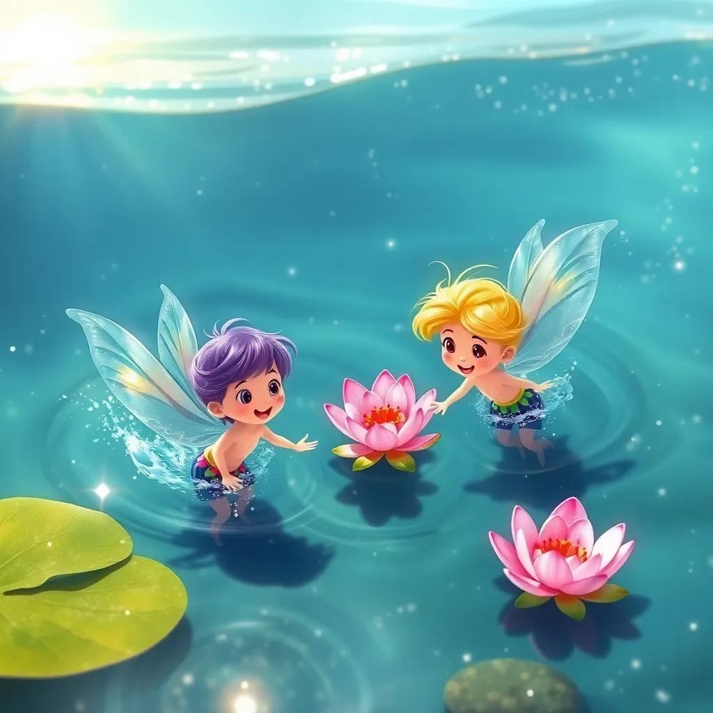 Playful water sprites with shiny hair like rainbows splashing in the water, inviting Lily to join, sparkling water, bright colors, energetic atmosphere, children's book art, cheerful scene