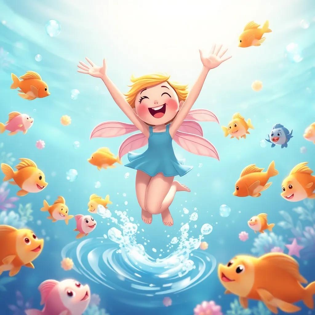 Lily jumping joyfully into the water surrounded by playful sprites, colorful fish swimming, bright sunshine, bubbles in the air, illustration, fun and lively, children's fantasy