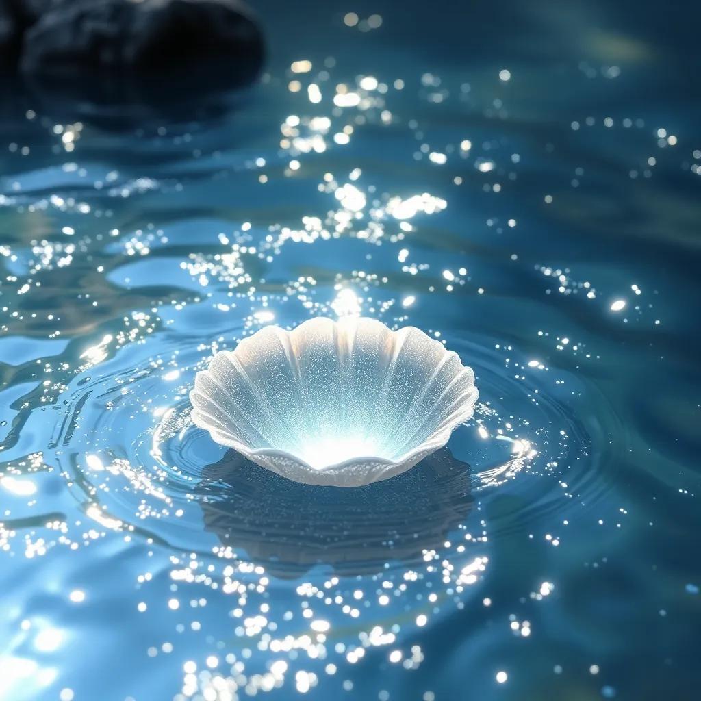 A shimmering silver shell in the sparkling river, the river's current flowing gently, glistening light reflecting off the surface, magical atmosphere, children's story, enchanting scene