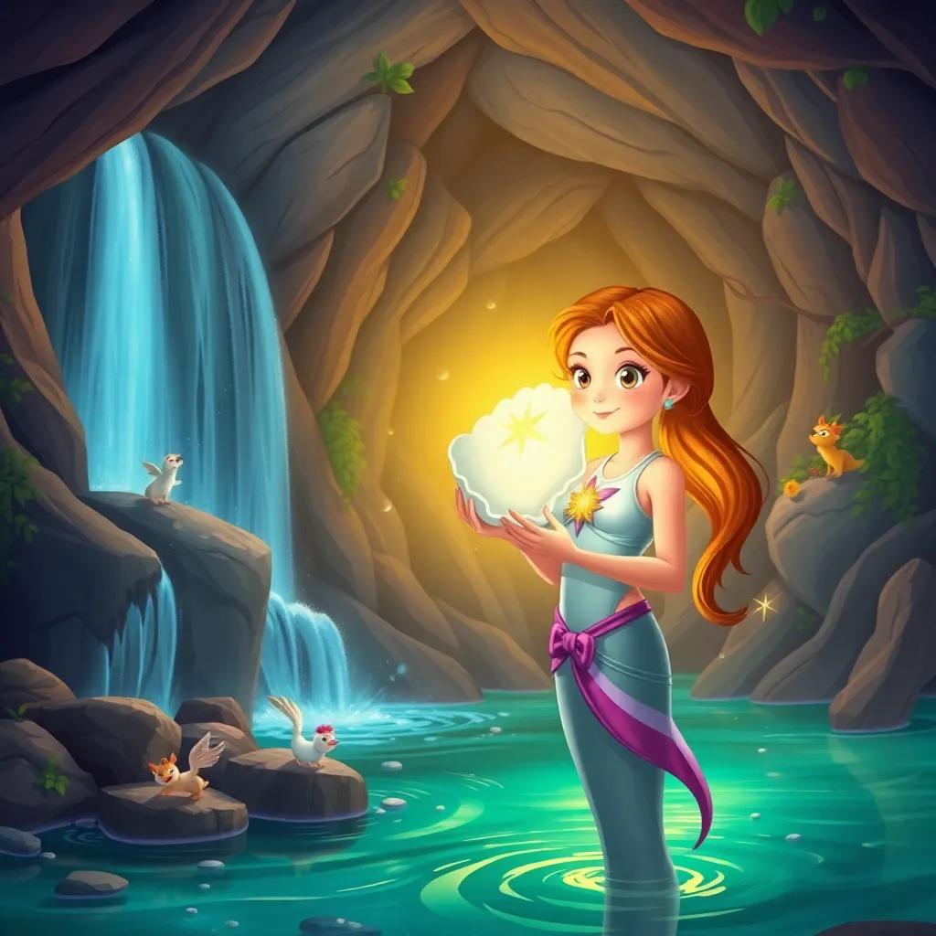 Lily holding the silver shell with glowing warmth, standing beside a beautiful waterfall leading to a cave, magical creatures dancing around, adventure theme, illustration, rich colors