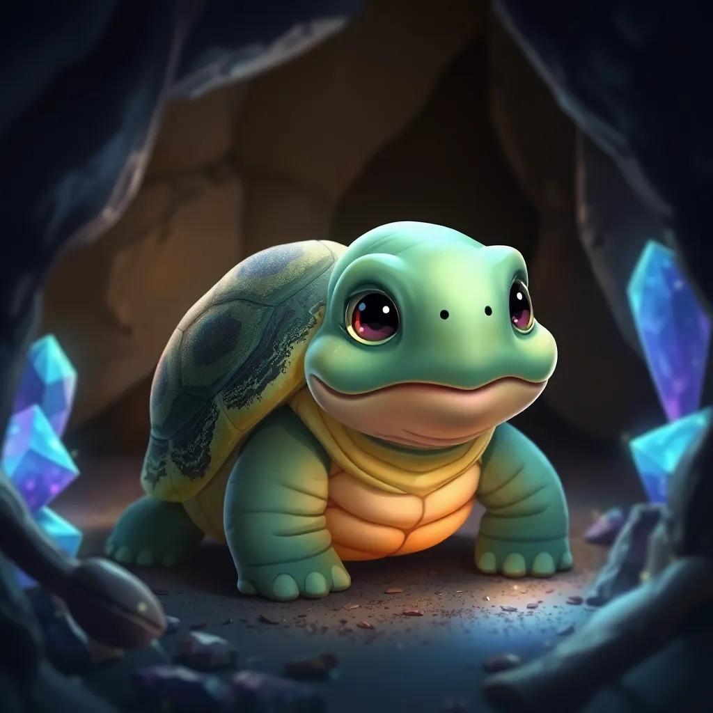 An old wise turtle named Tully in the cave, with a glimmering shell, sparkling gemstones reflecting light in the background, storytelling atmosphere, children's book style, friendly and wise