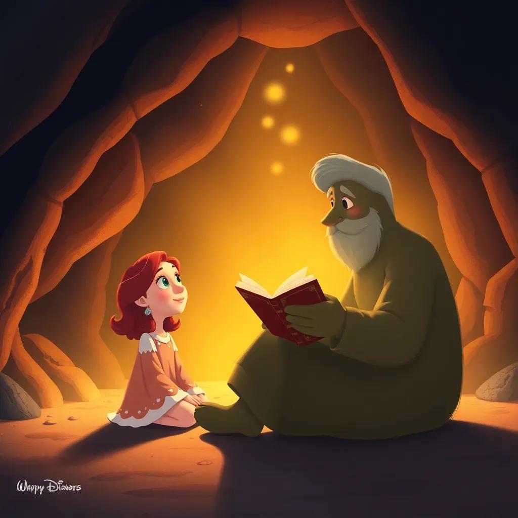Lily sitting in front of Tully, listening intently to his tales, the cave filled with shimmering light, warm and inviting, illustration, magical storytelling scene