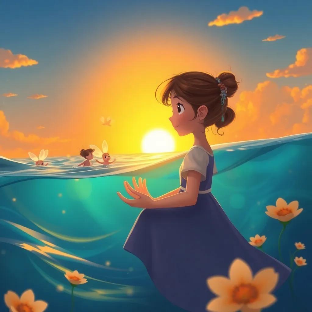 Lily saying goodbye to the water sprites as the sun sets, gold and orange hues in the sky, cheerful waves, fantasy atmosphere, children's art, heartwarming moment