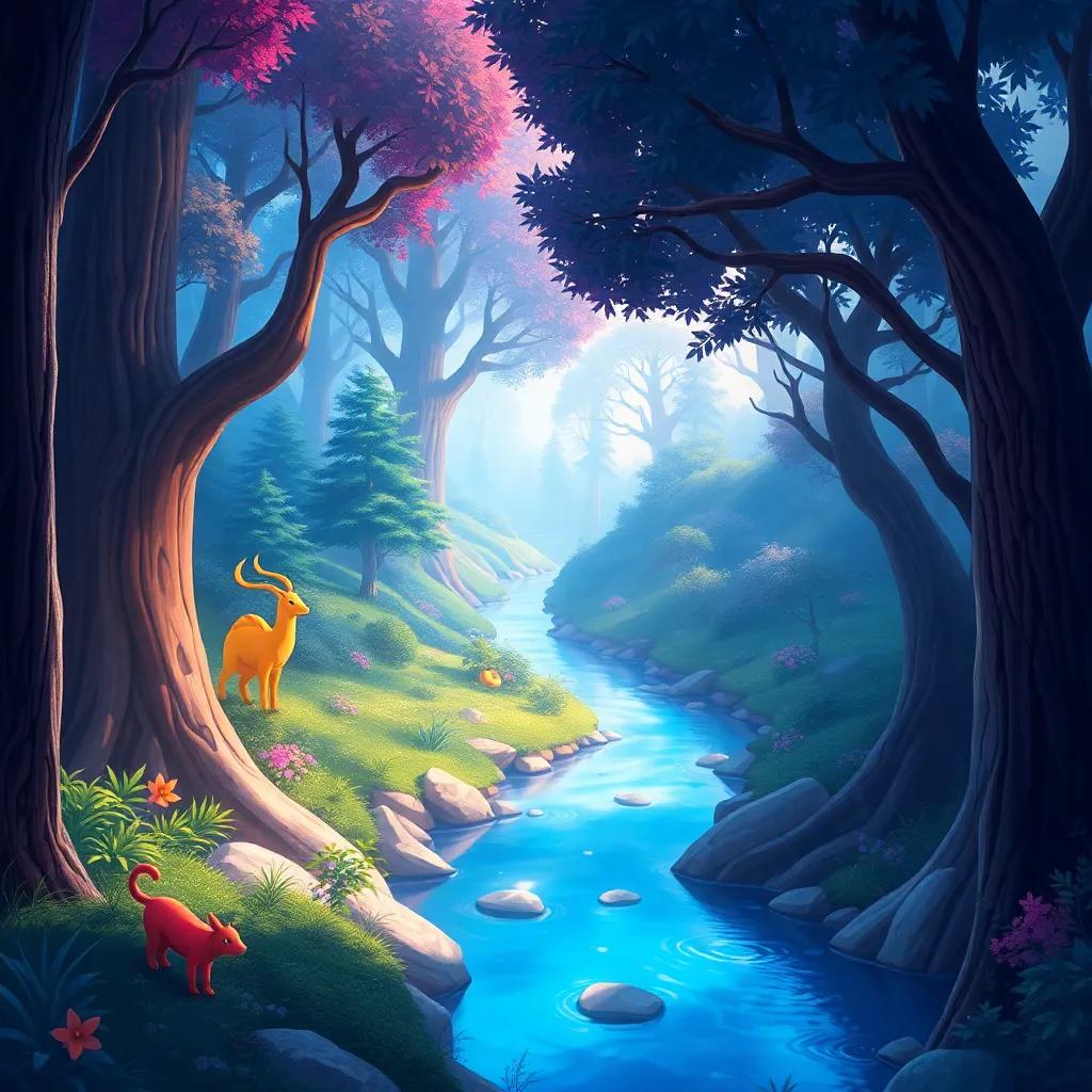 A serene view of the singing river winding through the forest, vibrant colors, magical creatures peeking from behind trees, enchanting and inviting, children's fantasy illustration