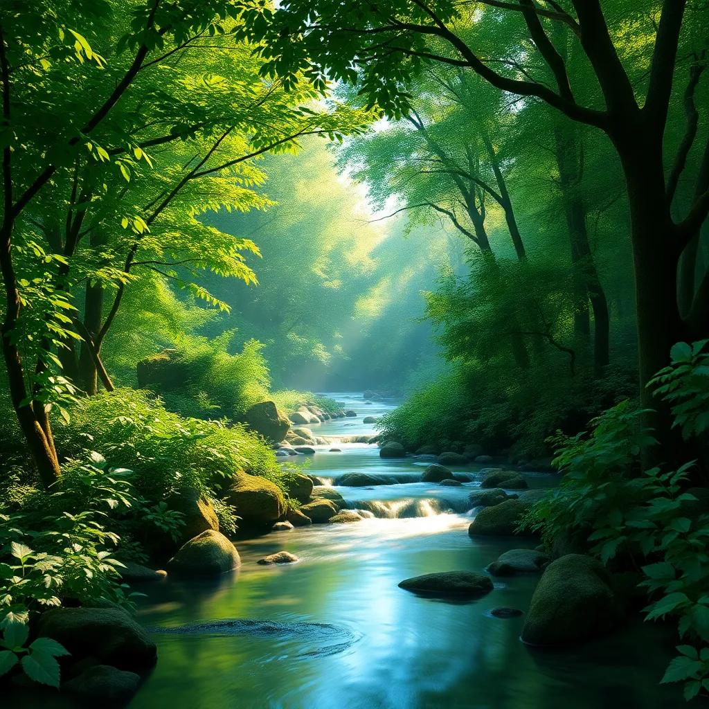A lush green forest with a magical singing river flowing gently through it, sunlight filtering through the leaves, vibrant colors, enchanting atmosphere, digital art