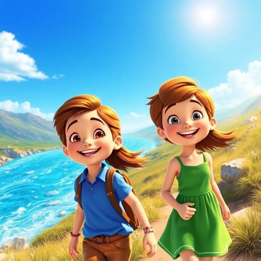 Two children, Mia and Leo, with bright smiles, one wearing a blue shirt and the other in a green dress, walking towards the sparkling river under a clear blue sky, joyful adventure, colorful landscape