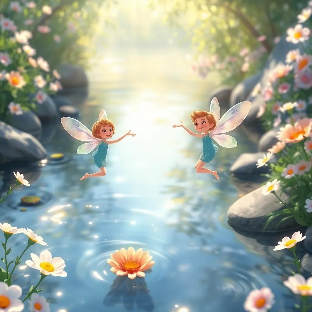 Playful water sprites, small and shimmering, with translucent wings dancing above the river, surrounded by flowers and sunlight, magical and cheerful scene, illustration