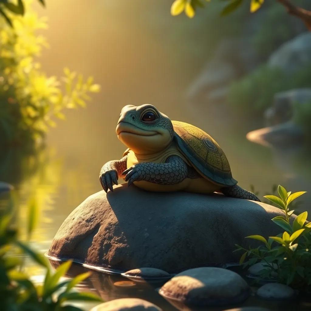 A wise old turtle sunbathing on a rock by the riverbank with green foliage around, sharing stories with Mia and Leo, warm light, serene and inviting