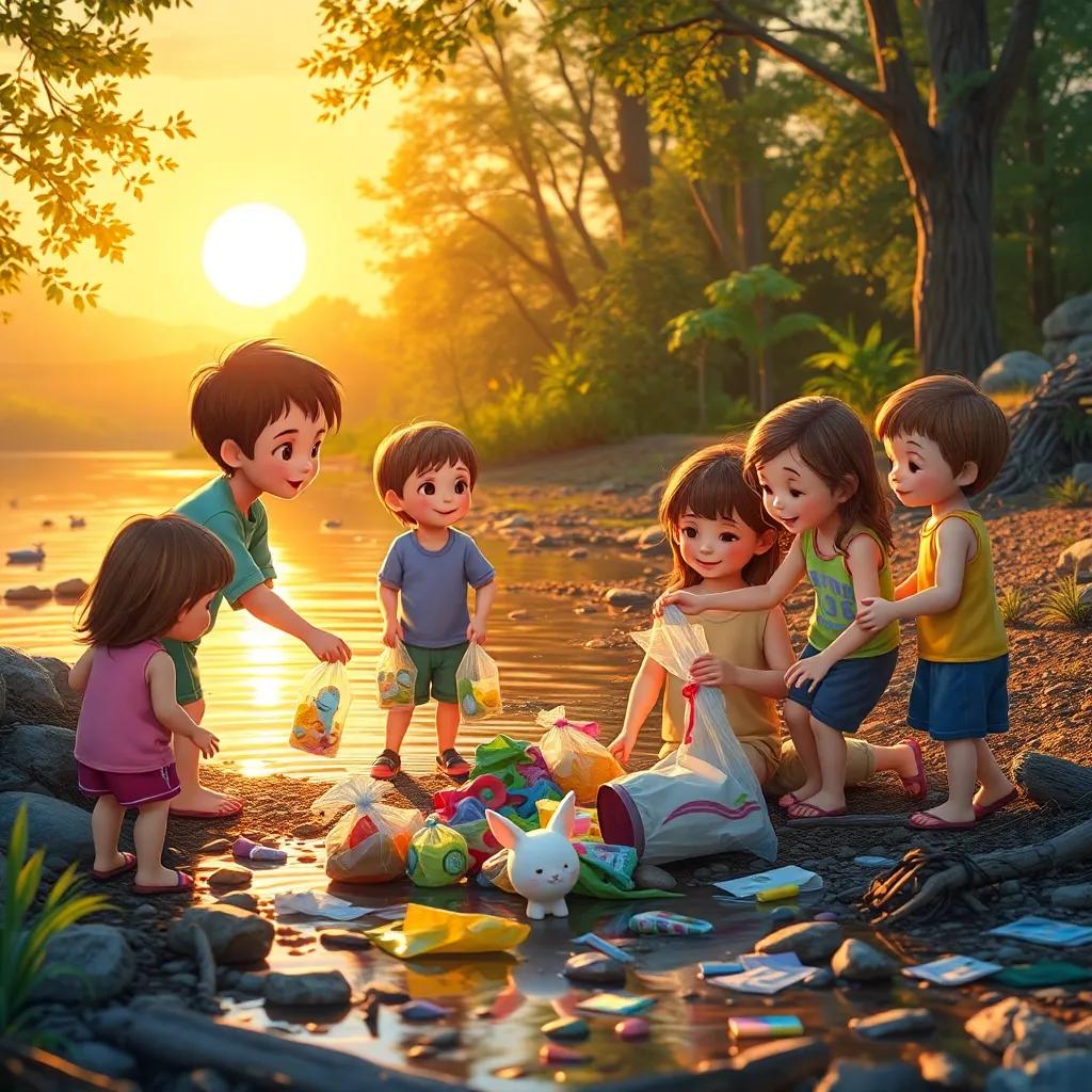 Children and water sprites collecting litter from the riverbank, playful teamwork, vibrant colors, uplifting, heartwarming interaction, sunset light