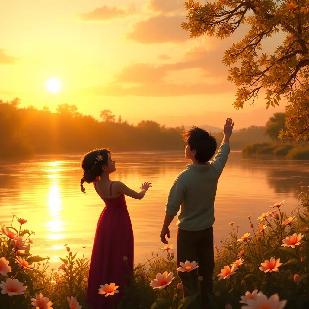 The river glowing with golden light at sunset, surrounded by singing flowers, with Mia and Leo waving goodbye to the sprites, magical atmosphere, digital painting