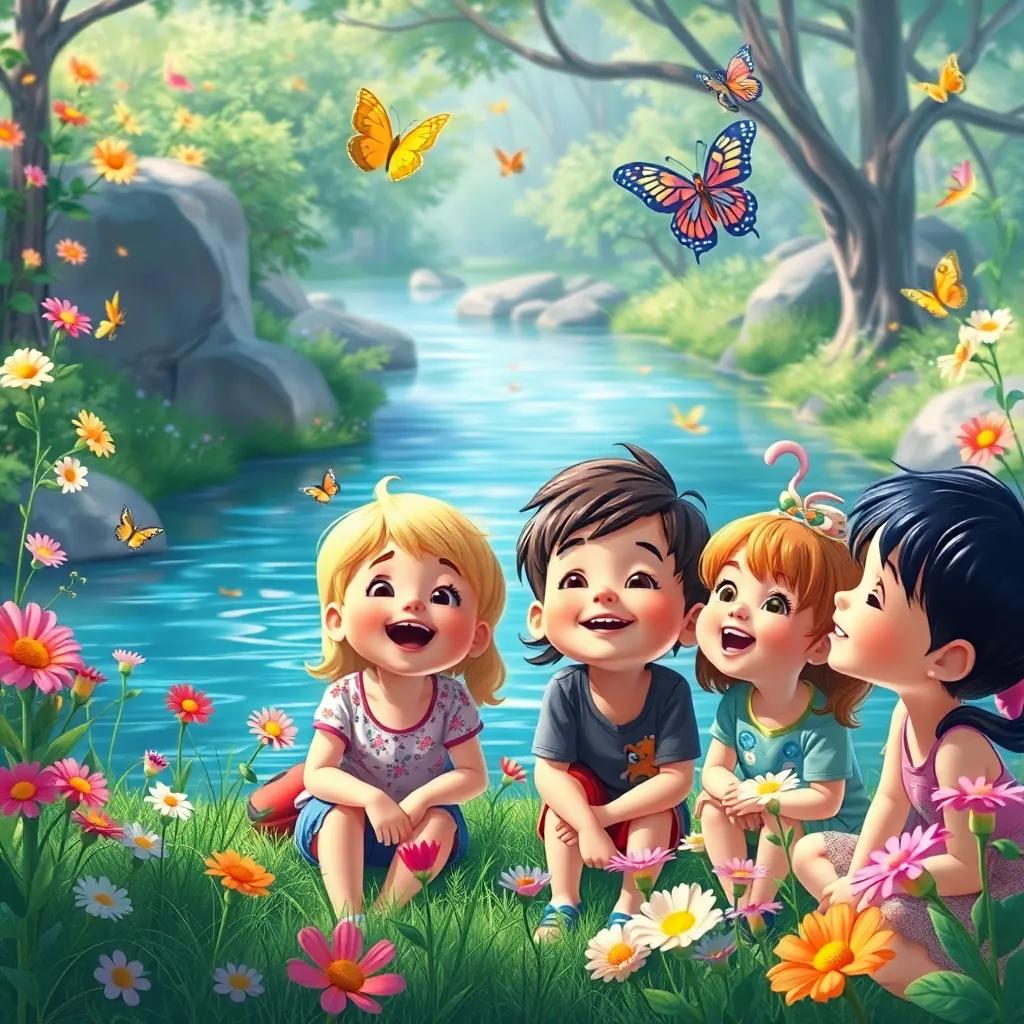 A group of happy children listening to the river, with flowers and butterflies around them, filled with wonder and excitement, colorful, cheerful and playful scene